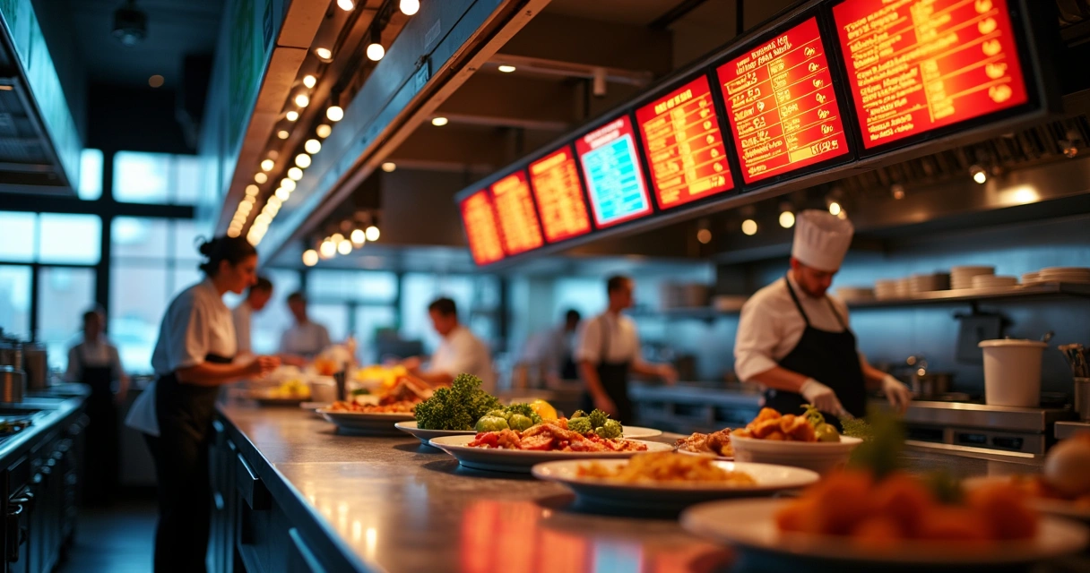 Painel digital de pedidos na cozinha de restaurante 
