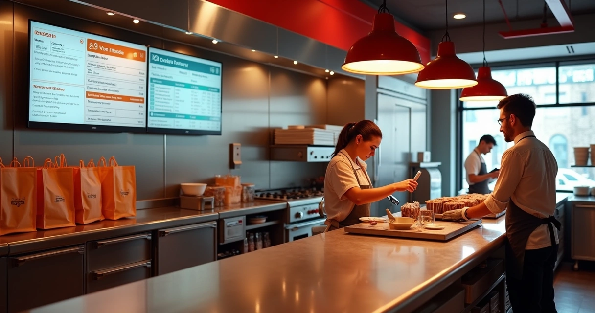 Painel de pedidos na cozinha com equipe embalando entregas 