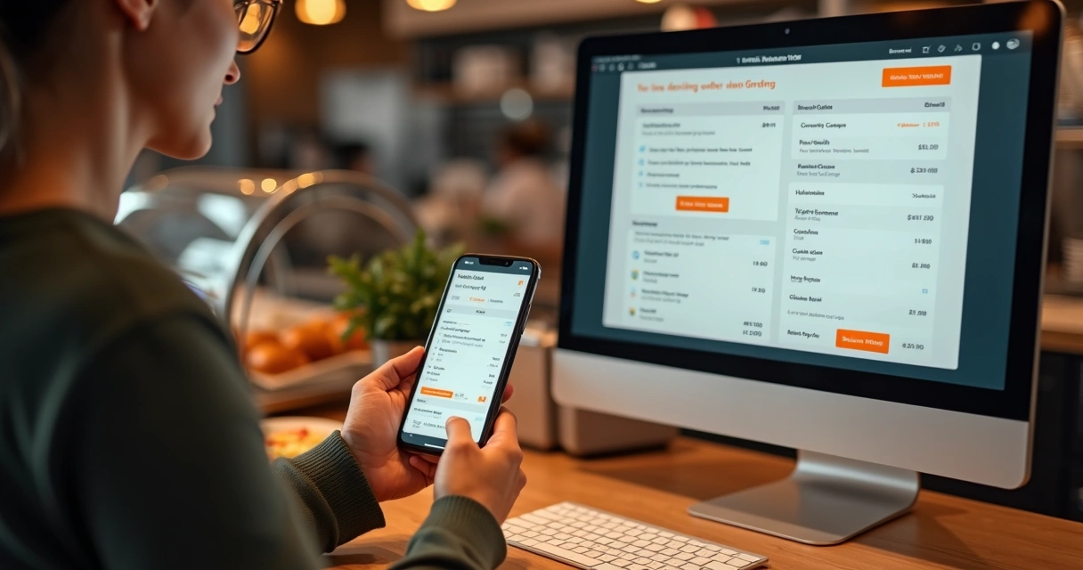 Painel de pedidos em restaurante com celular e computador