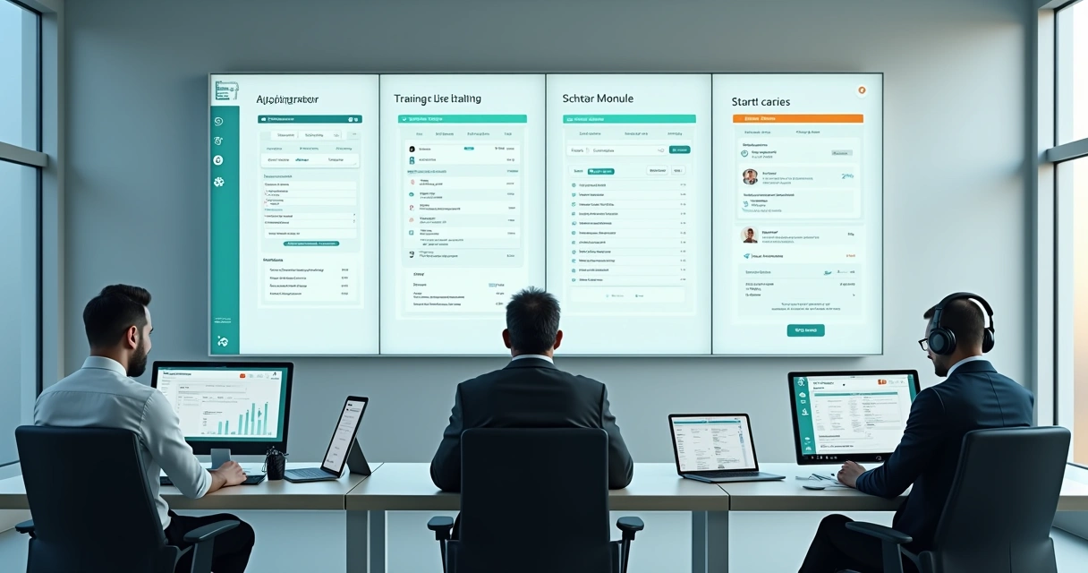 Painel de sistema com três perfis de acesso lado a lado em tela grande 
