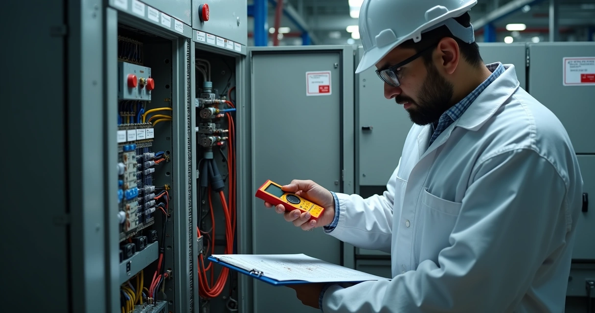 Perito examinando painel elétrico com instrumentos de medição
