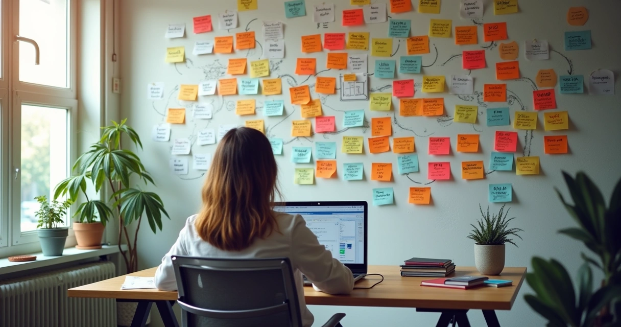 Painel com post-its coloridos representando construção de personas 