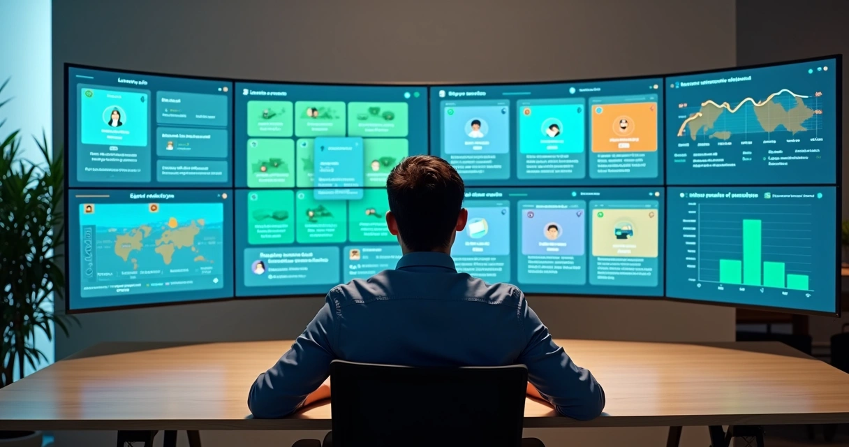 Gestor analisa painel digital com cards personalizados de cobrança para diferentes clientes 