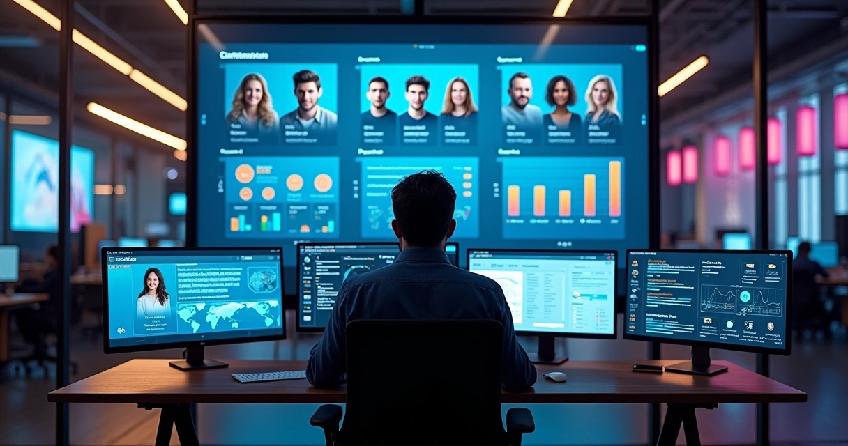 Profissional de marketing analisa um painel digital com personas variadas e dados de campanha 