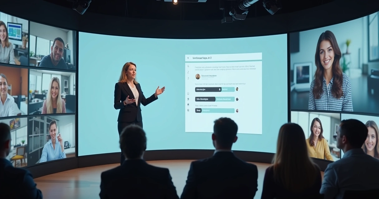 Pessoa apresentando para público online em painel digital 