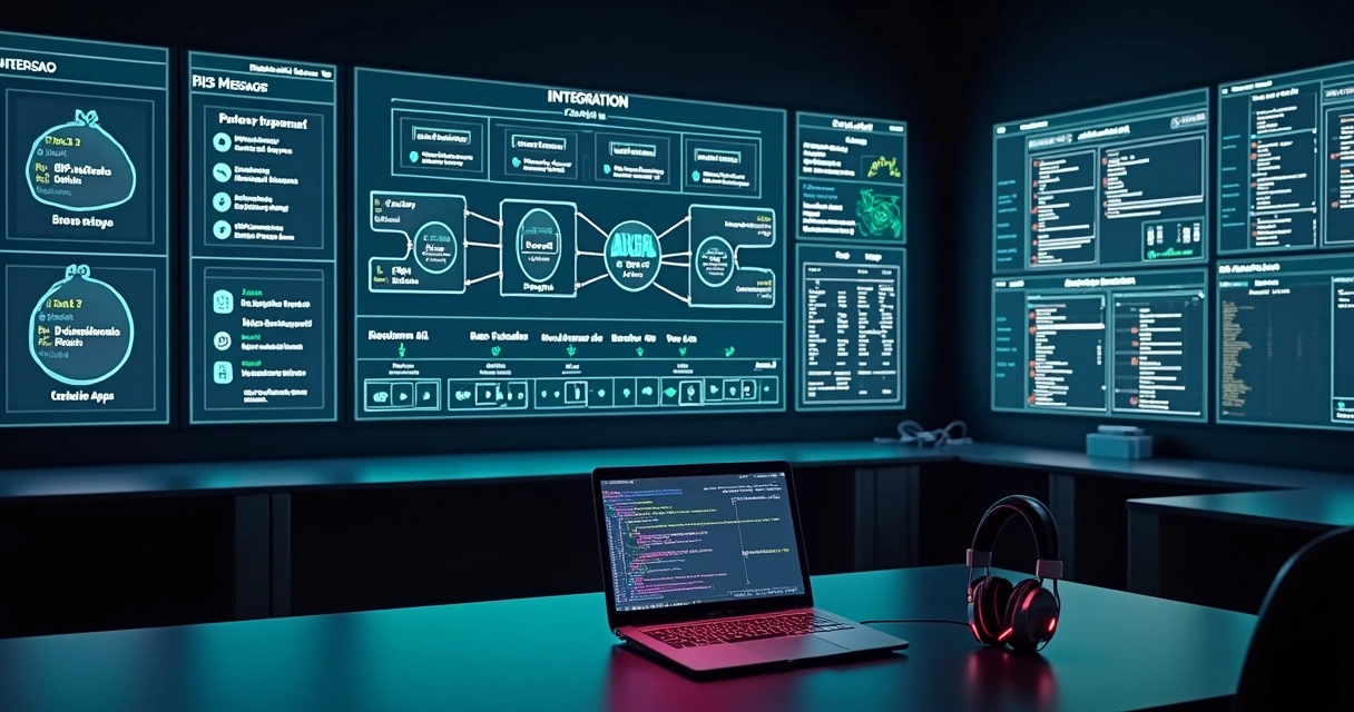 Tela gigante com fluxos de integração PIX via API e webhooks em painel de control room financeiro 