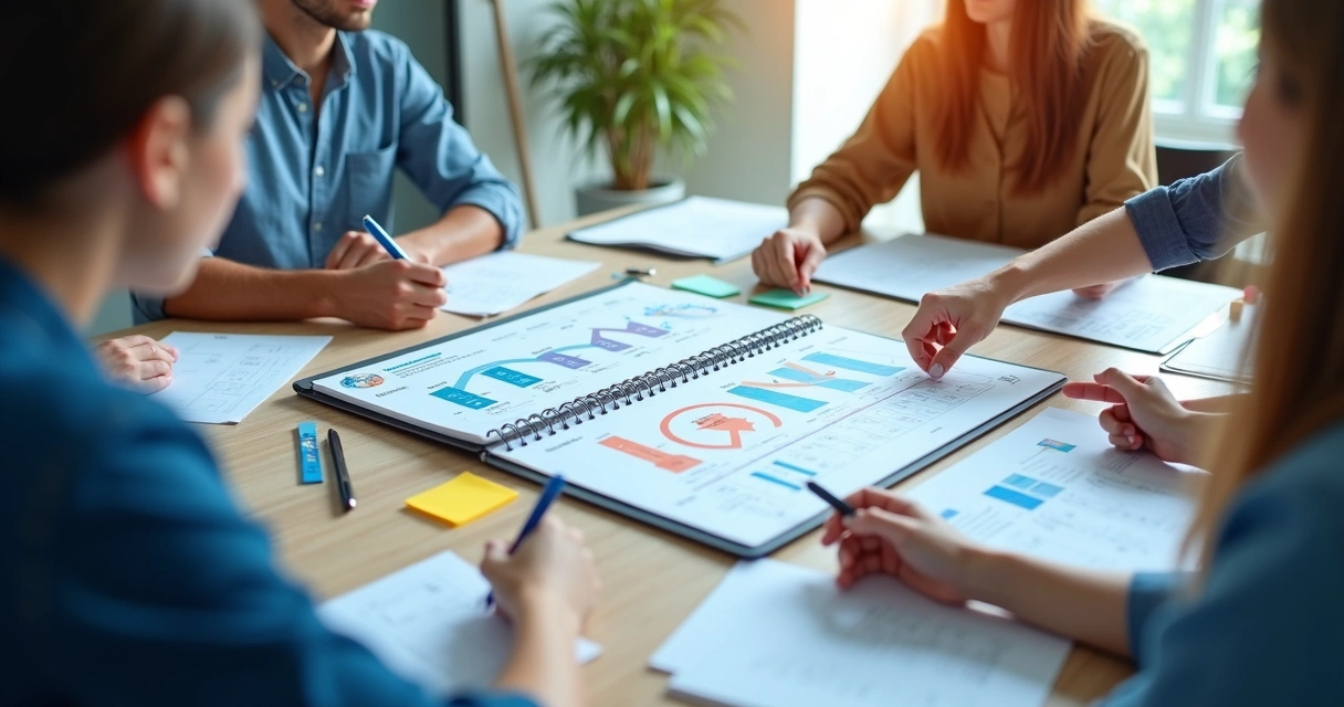 Equipe analisando painel de planejamento EAD em notebook e papéis