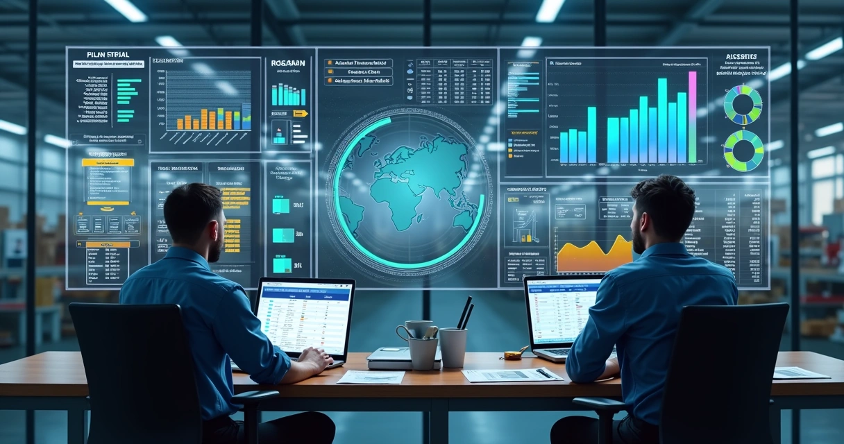 Painel industrial com indicadores de estoque e planejamento 