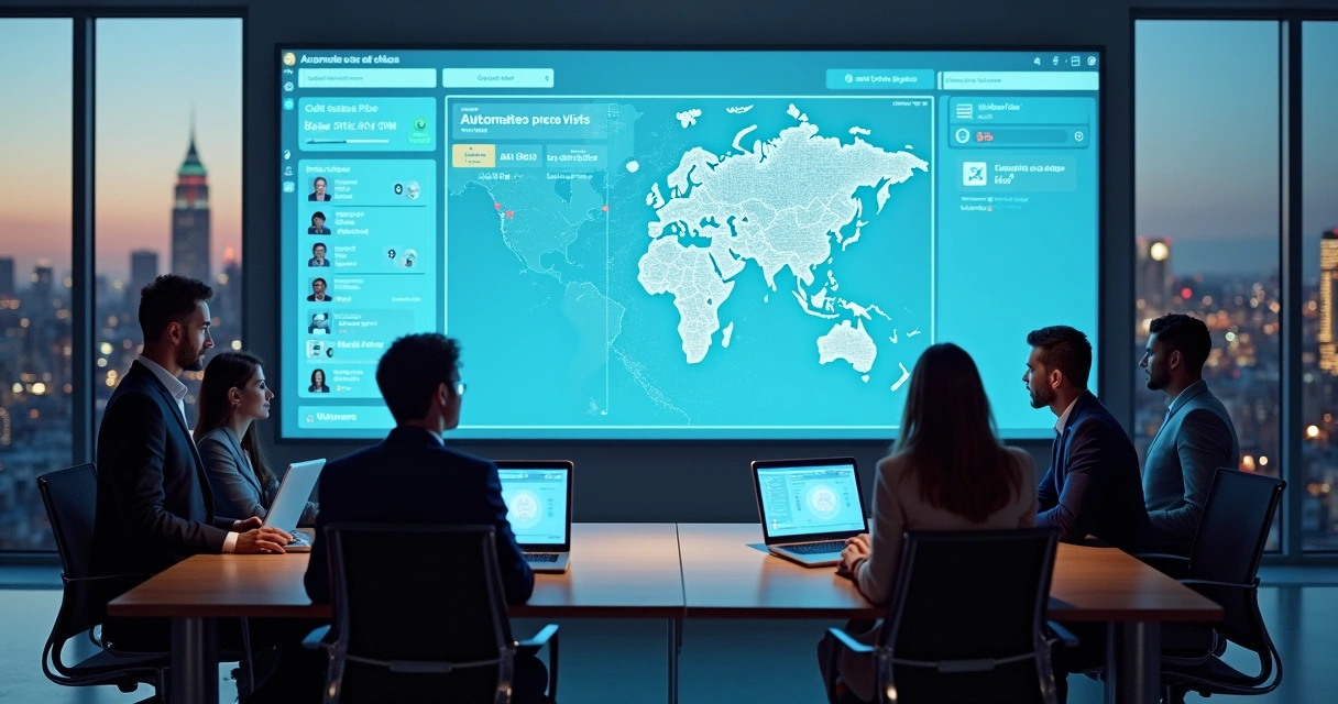 Equipe imobiliária usando painel digital com mapa de imóveis e agendamentos de visitas 