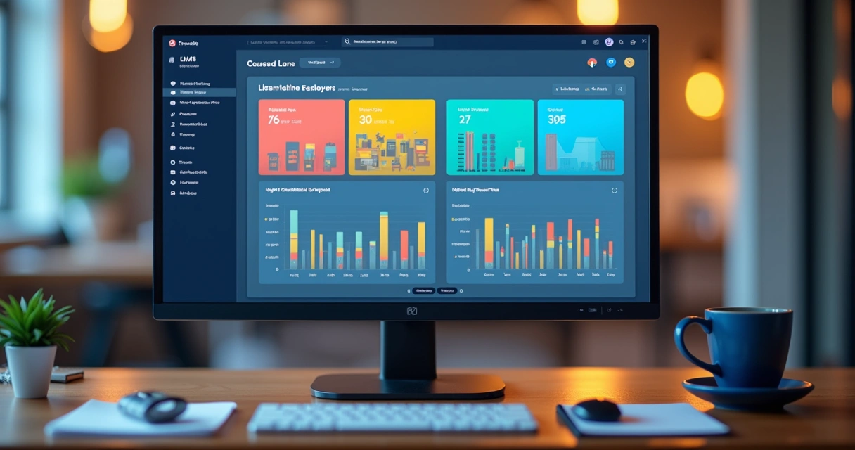 Painel de plataforma LMS com gráficos e relatórios na tela 
