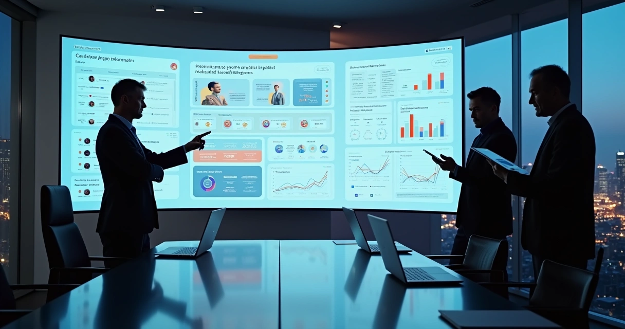 Líderes analisam painel digital de plataforma de recrutamento com dados detalhados 