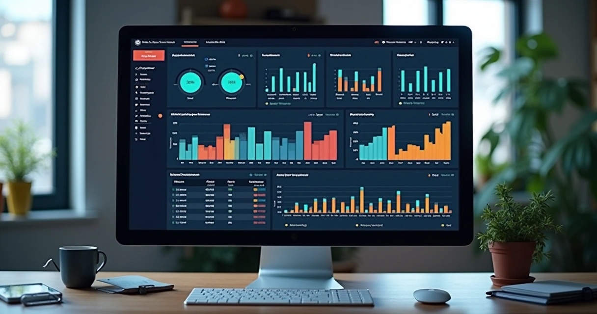 Tela de plataforma com gráficos e alertas de margem, interface moderna e organizada