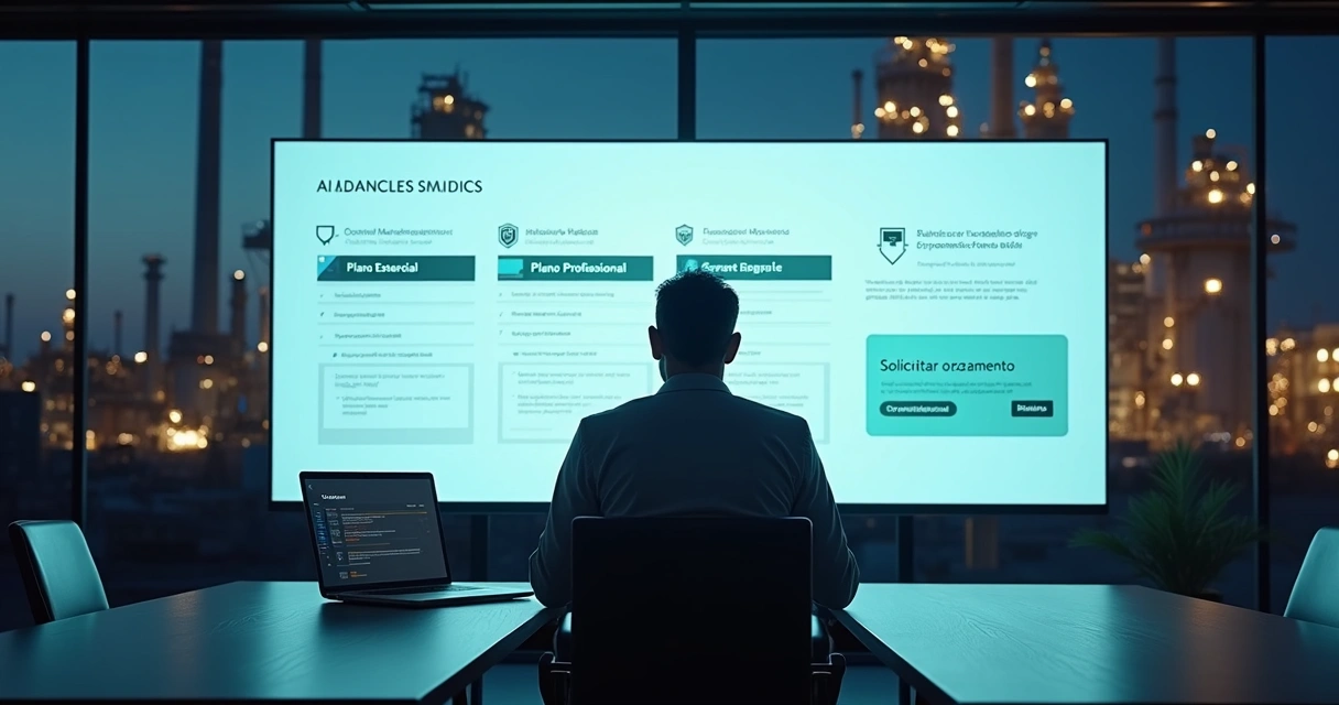Gestor industrial analisando painel digital com planos e preços de software de manutenção 