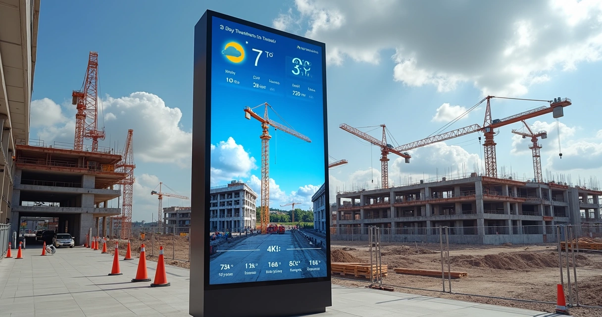Painel digital exibindo previsão do tempo integrada sobre uma foto de canteiro de obras 