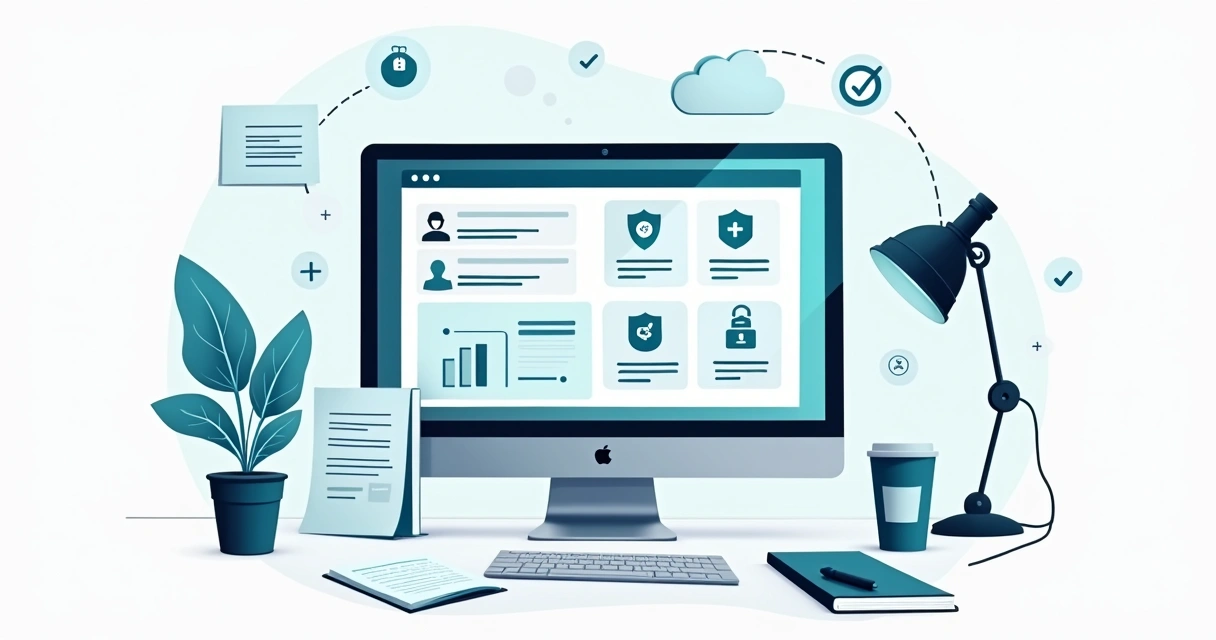 Ilustração de painel de privacidade com ícones de segurança e dados protegidos 