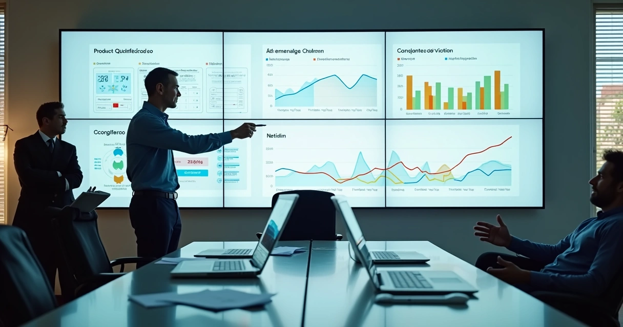 Gestor de SaaS analisa painel gigante com funil de vendas, uso do produto e churn 