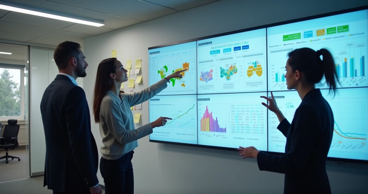Painel digital com gráficos e fluxos mostrando processos organizados 