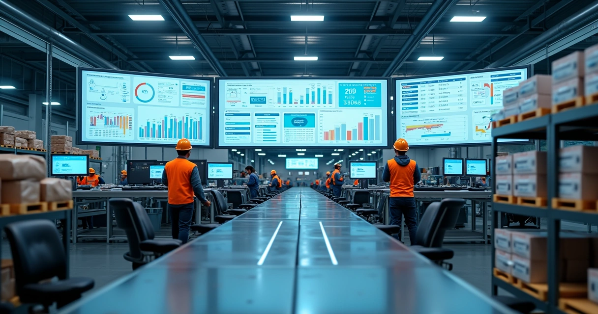 Painel de gestão industrial em fábrica com operadores e telas de produção 