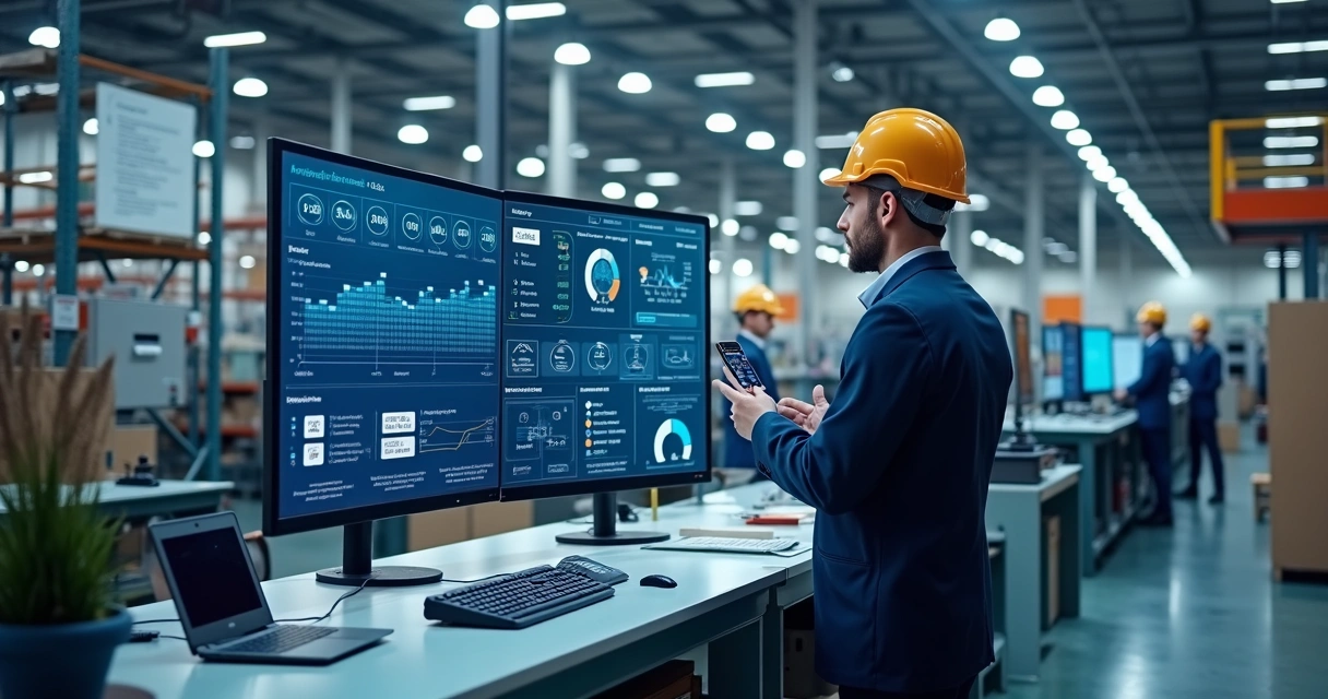 Painel de produção industrial com operador e gráficos em tela 