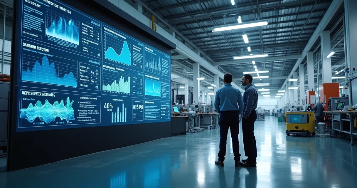 Painel digital de produção em fábrica com indicadores e máquinas 