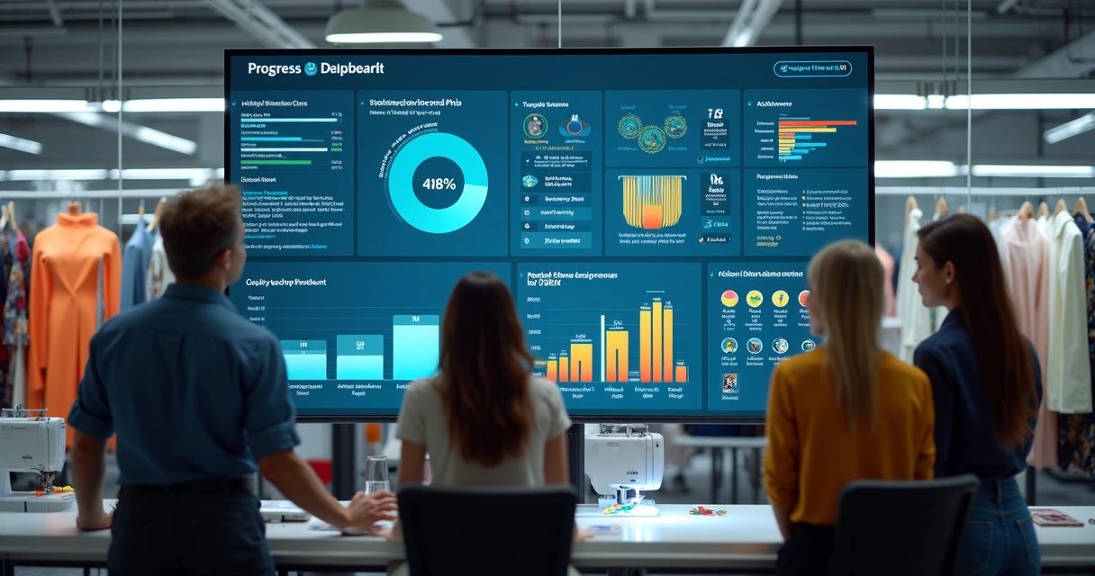 Painel digital mostrando progresso de objetivos na confecção