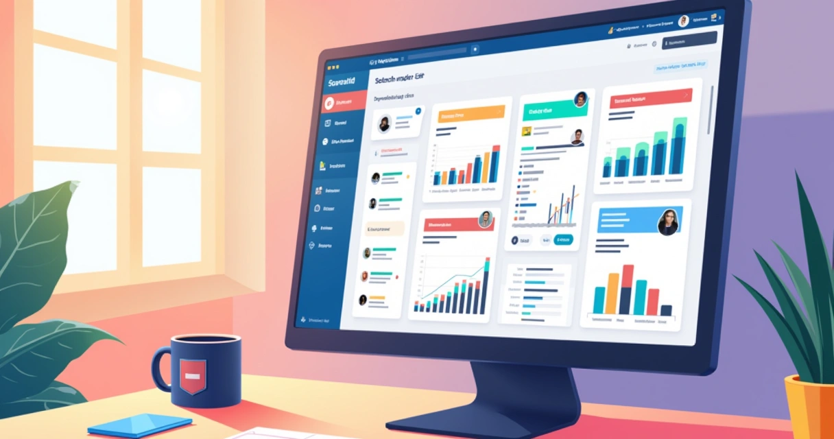 Dashboard do Notion mostrando progresso da equipe com gráficos, listas de tarefas e fotos dos membros reunidos