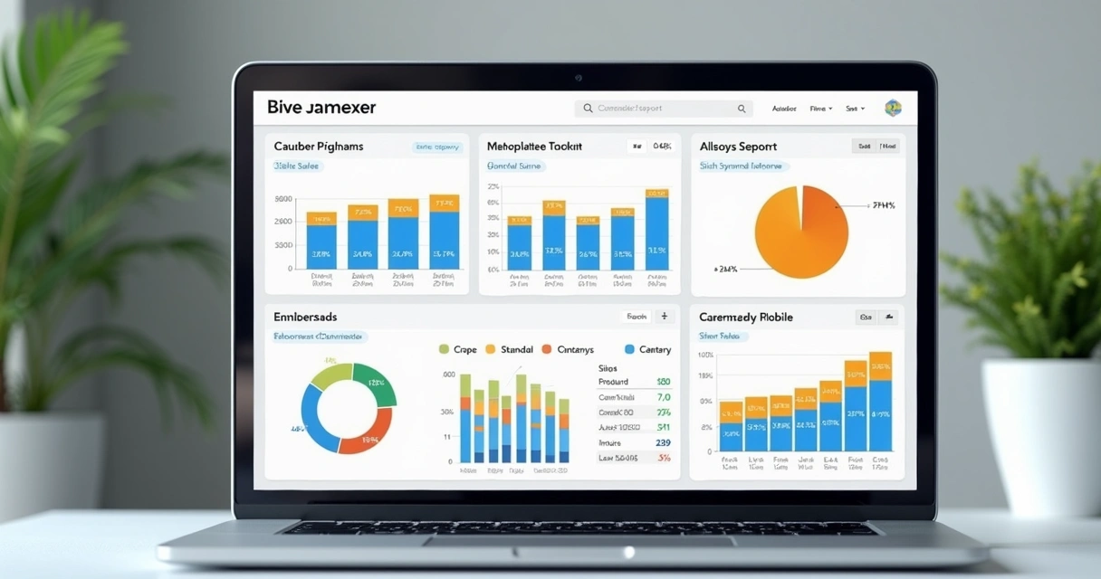 Dashboard colorido de vendas com widgets de gráfico de barras, pizza e tabela 