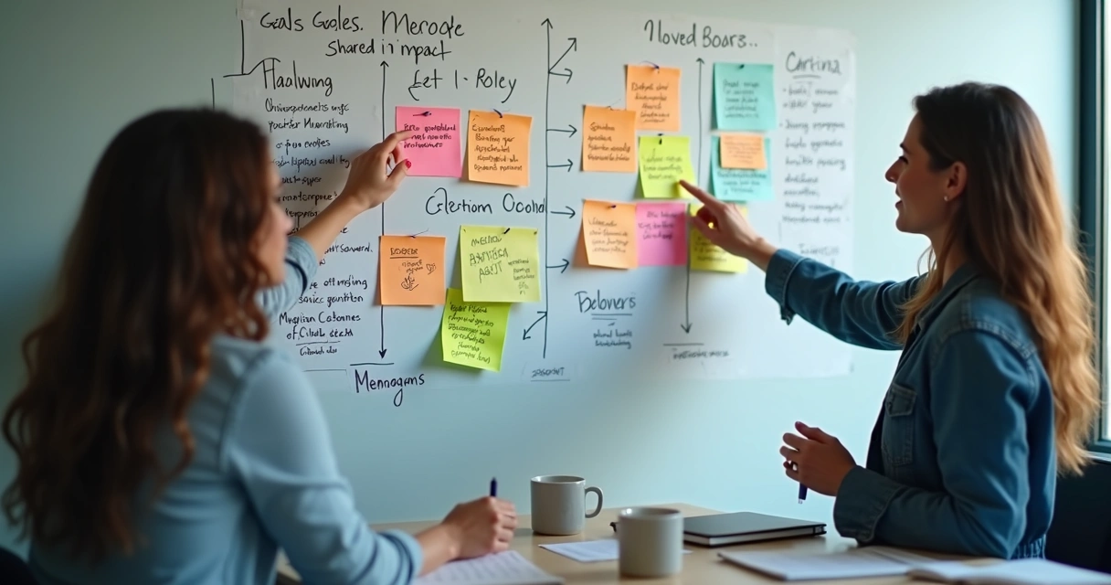 Painel visual com metas, valores e contribuição da equipe