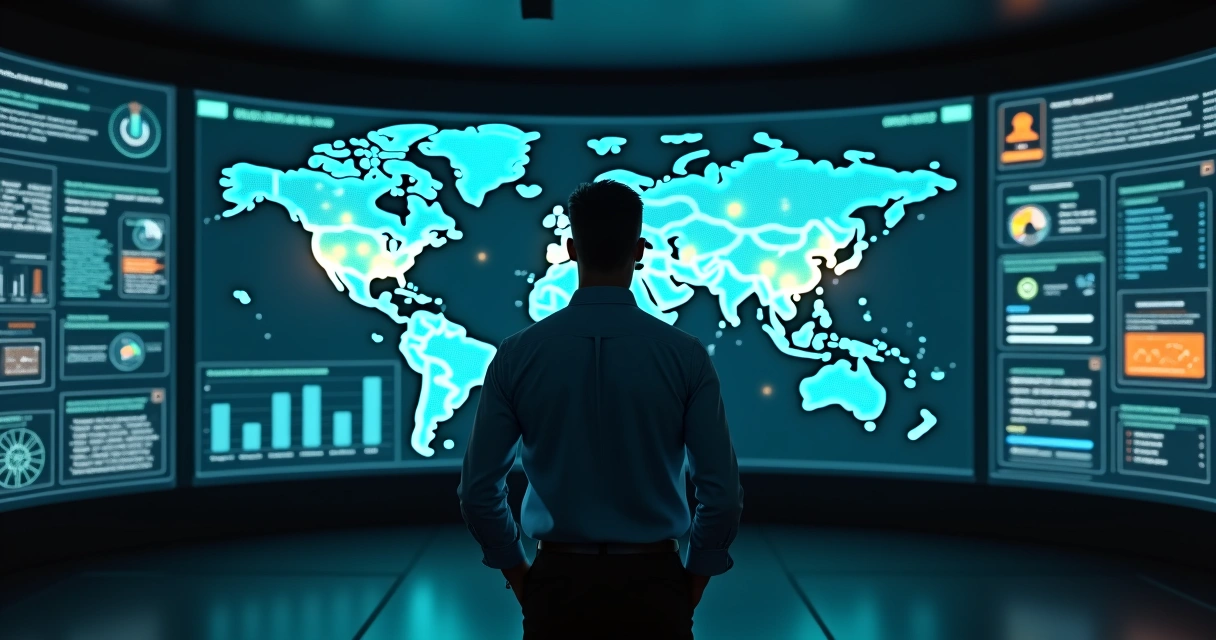 Painel de proteção de endpoints com IA na nuvem mostrando rede corporativa e alertas de segurança 