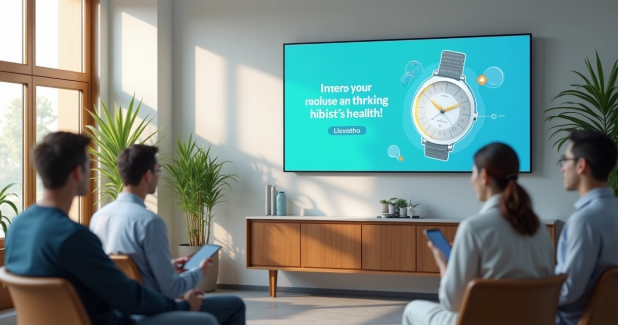 Painel digital de publicidade em recepção de clínica 