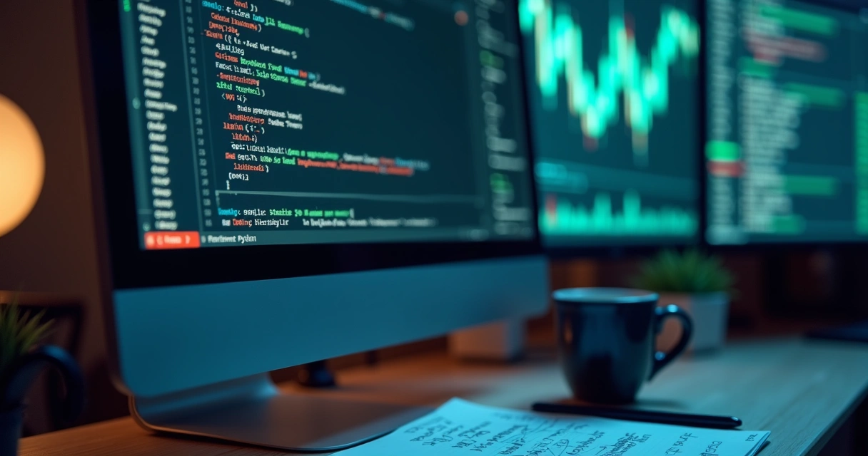 Tela com código Python e gráficos de performance financeira. 