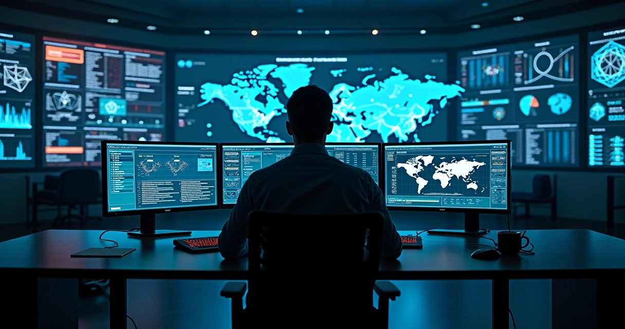 Centro de operações de segurança analisa painel QRadar com mapa de ameaças globais 