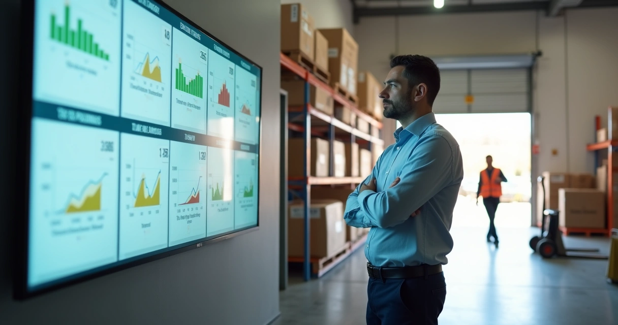 Gestor de PME observando grande painel com indicadores de qualidade operacional na parede da fábrica 