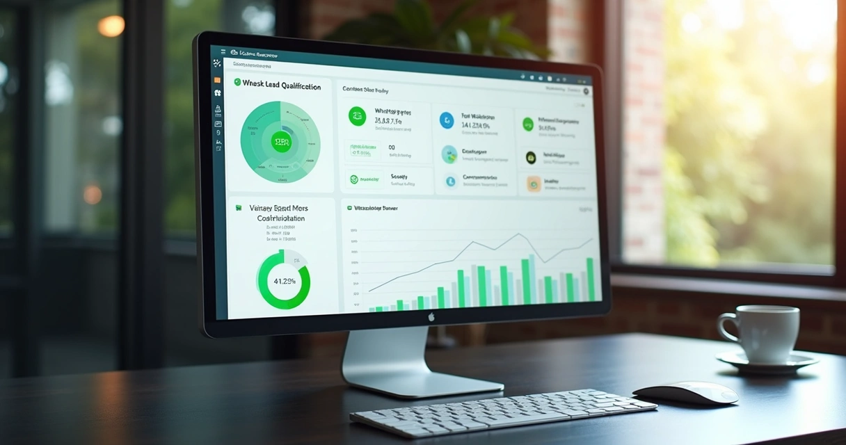 Dashboard with lead qualification and WhatsApp service metrics in a modern office
