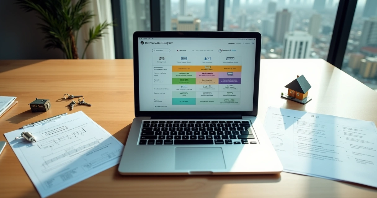 Dashboard com matriz de critérios para qualificação de leads imobiliários envolvidos por ícones de imóveis e comunicação 