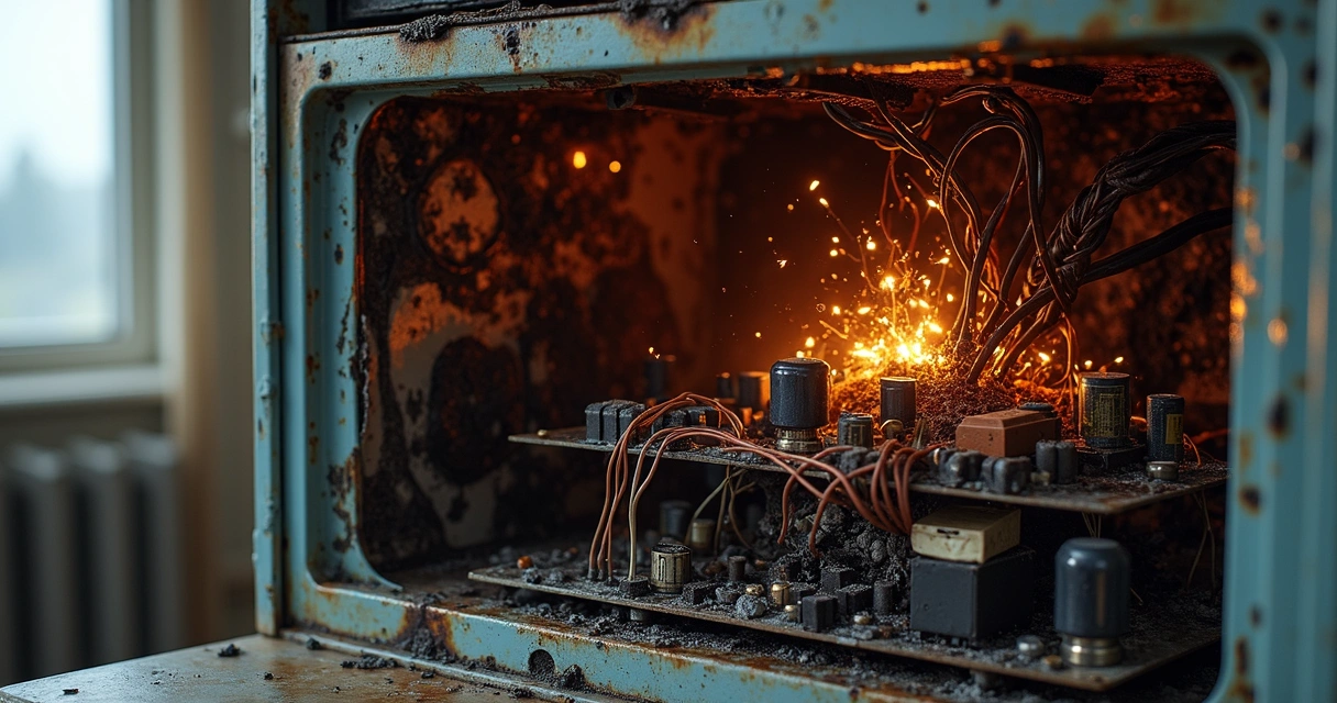 Painel eletrônico queimado com danos visíveis após tempestade 