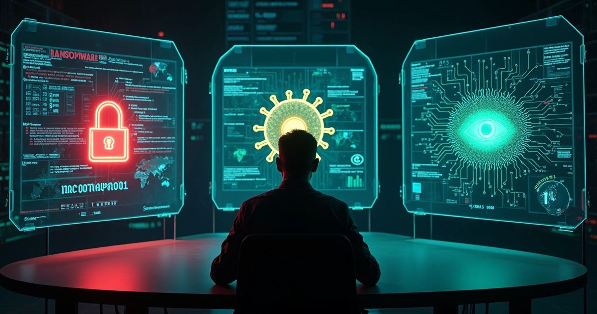 Sala escura com analista olhando para três hologramas de ameaças digitais diferentes 