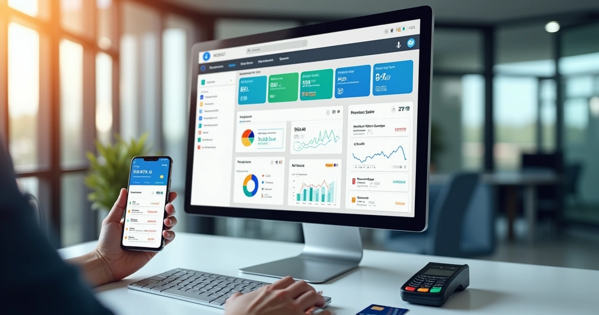 Painel de recargas digital exibindo integrações financeiras em telas e smartphone 