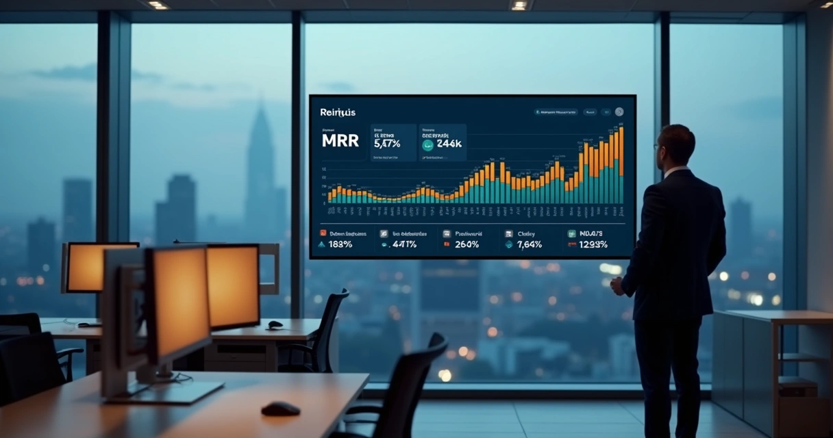 Gestor em frente a painel digital mostrando receita recorrente crescente de clientes PJ 