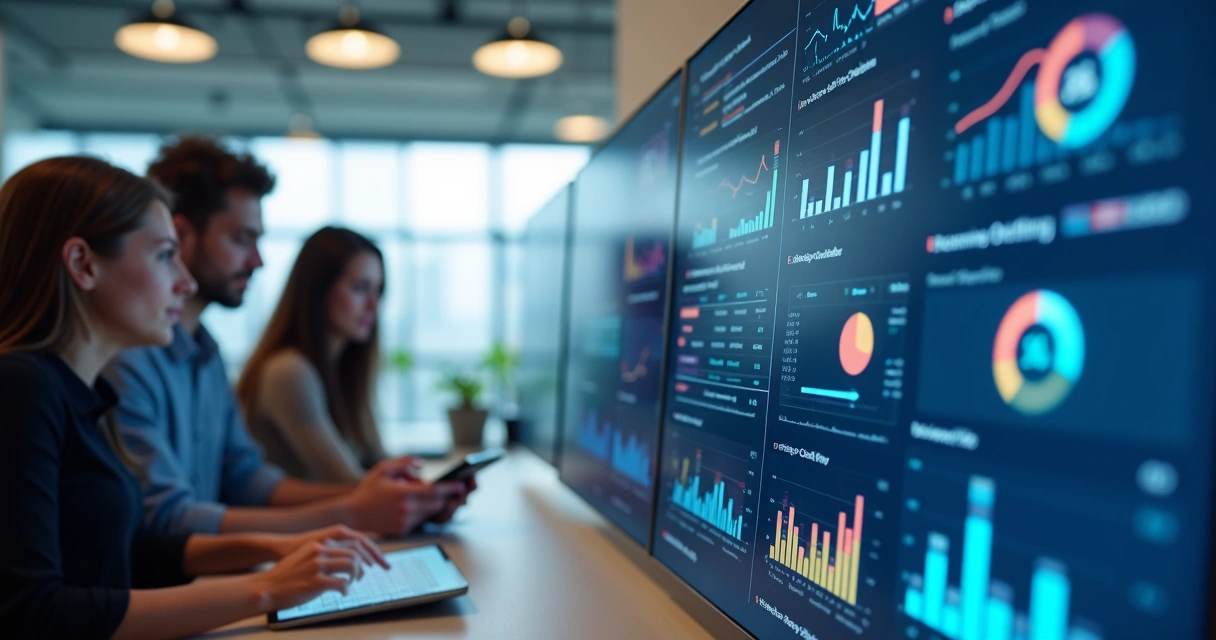 Painel digital com gráficos e pedidos de clientes em destaque 