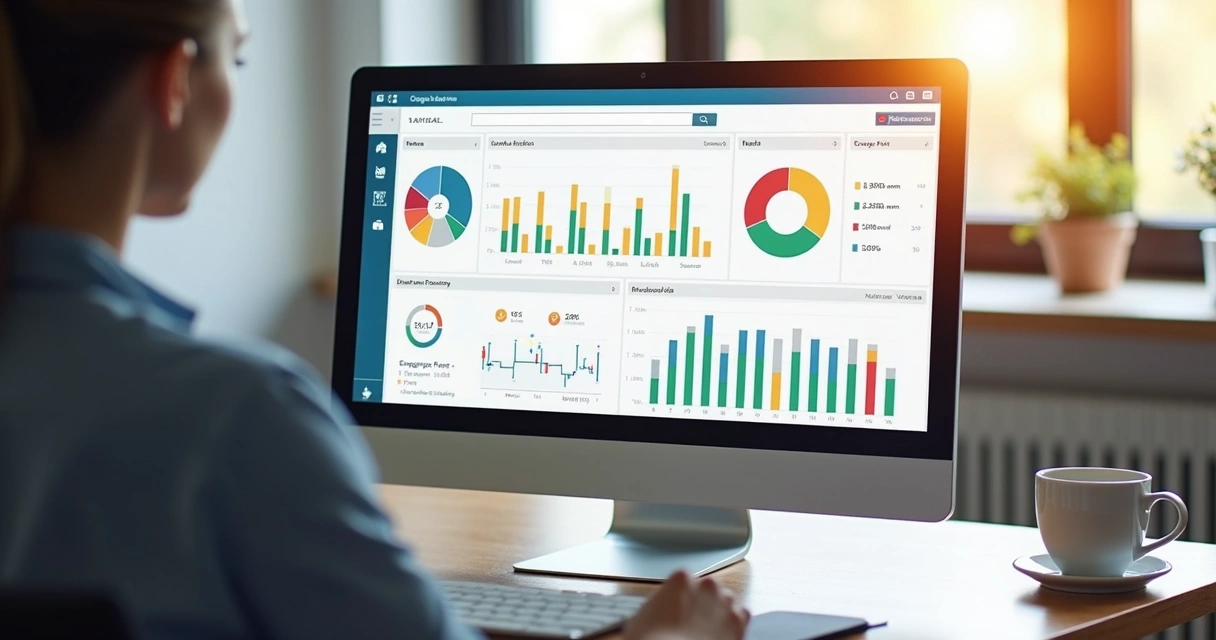 Tela de software de ponto mostrando dashboard com gráficos de horas e relatórios mensais