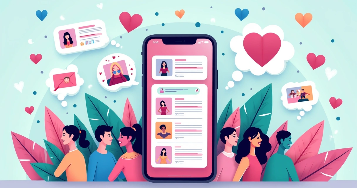 Ilustração de um painel vibrante de mídias sociais com um smartphone e ícones de engajamento.