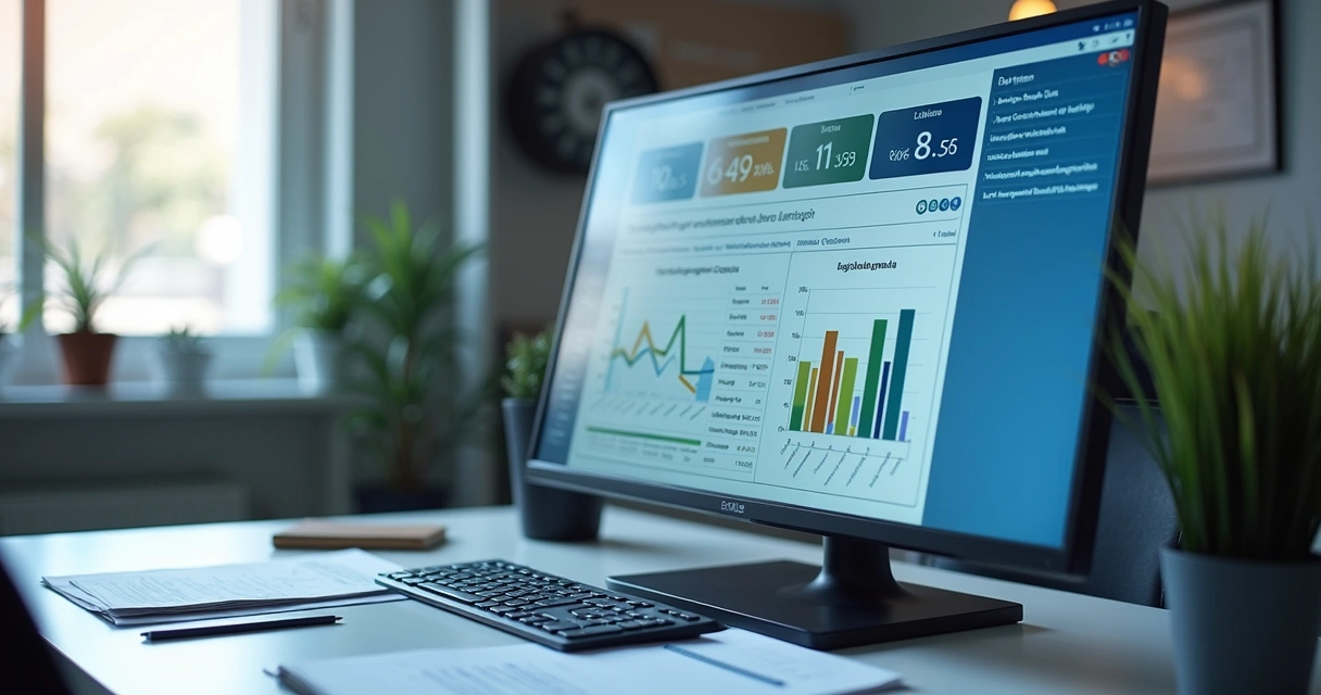 Painel com regras fiscais, alertas e gráficos em tela corporativa 