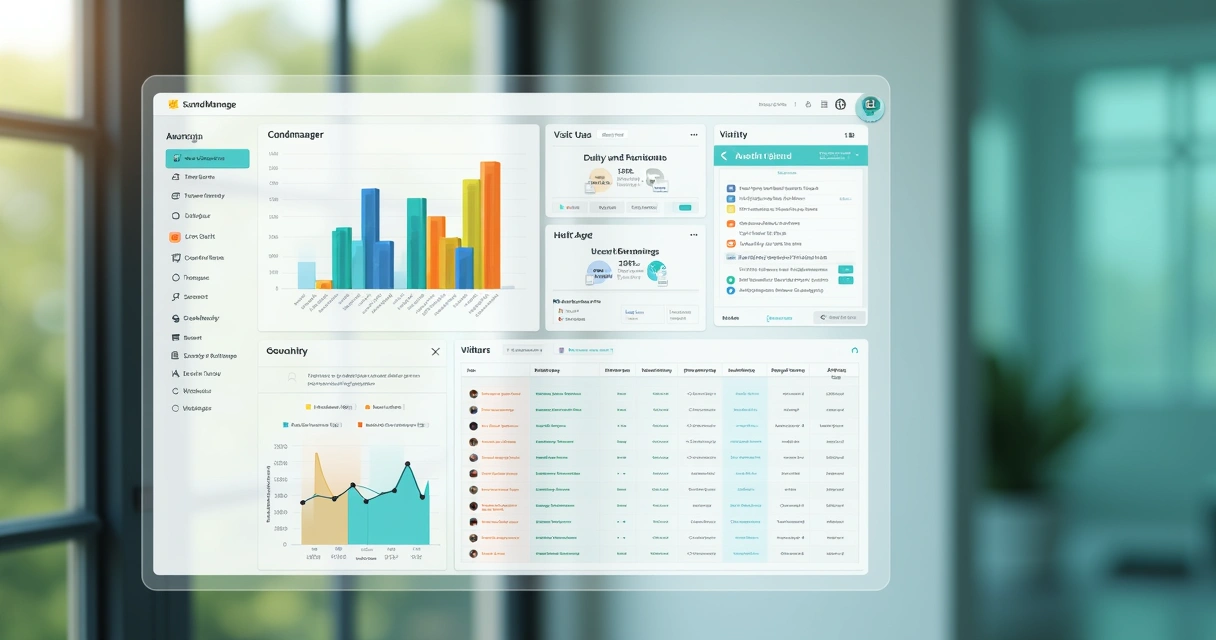 Dashboard digital organizado mostrando entradas e saídas de visitantes em condomínio