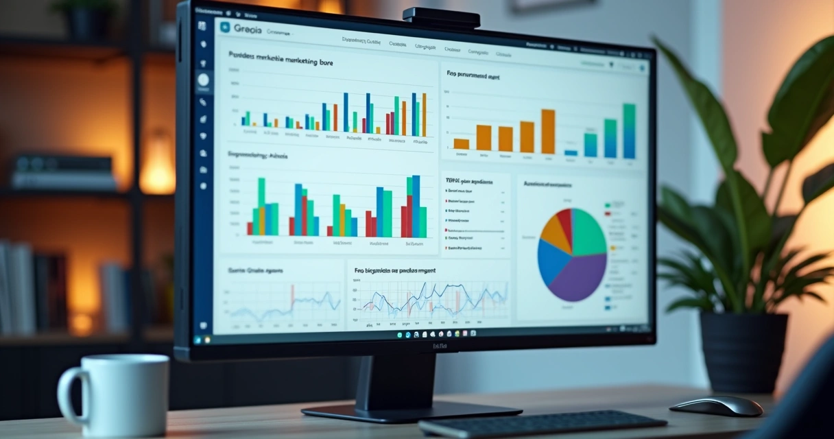 Painel de relatórios digitais com gráficos de acesso, KPIs de marketing e publicações recentes em tela de computador 
