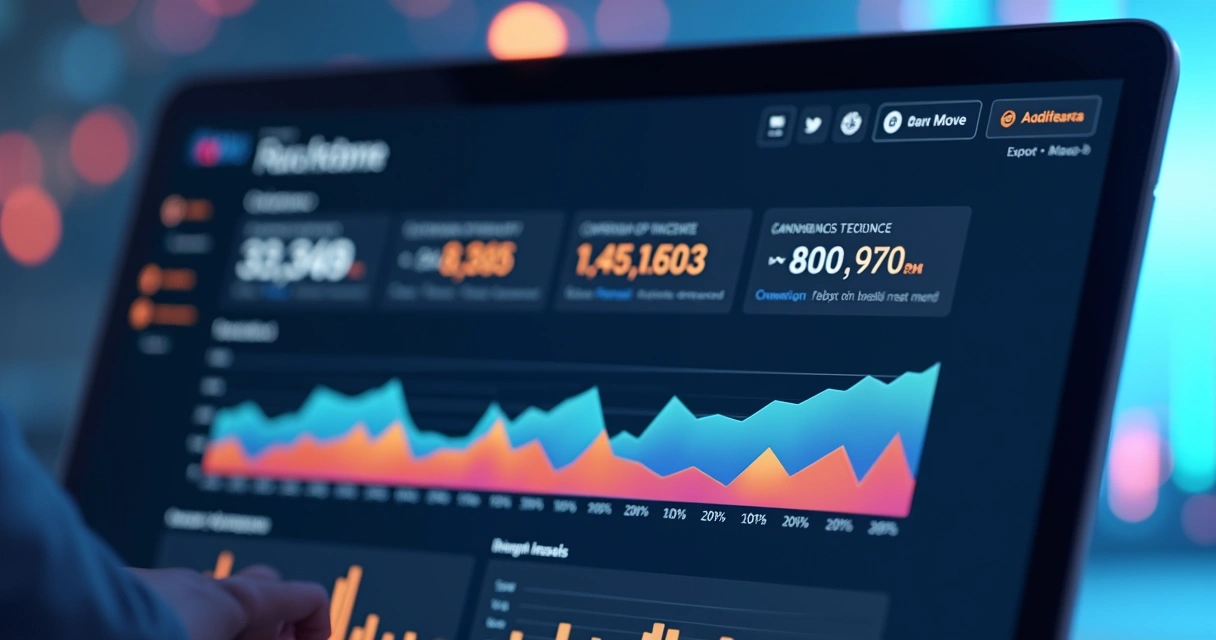 Relatório digital de ROAS em uma plataforma com gráficos de desempenho 