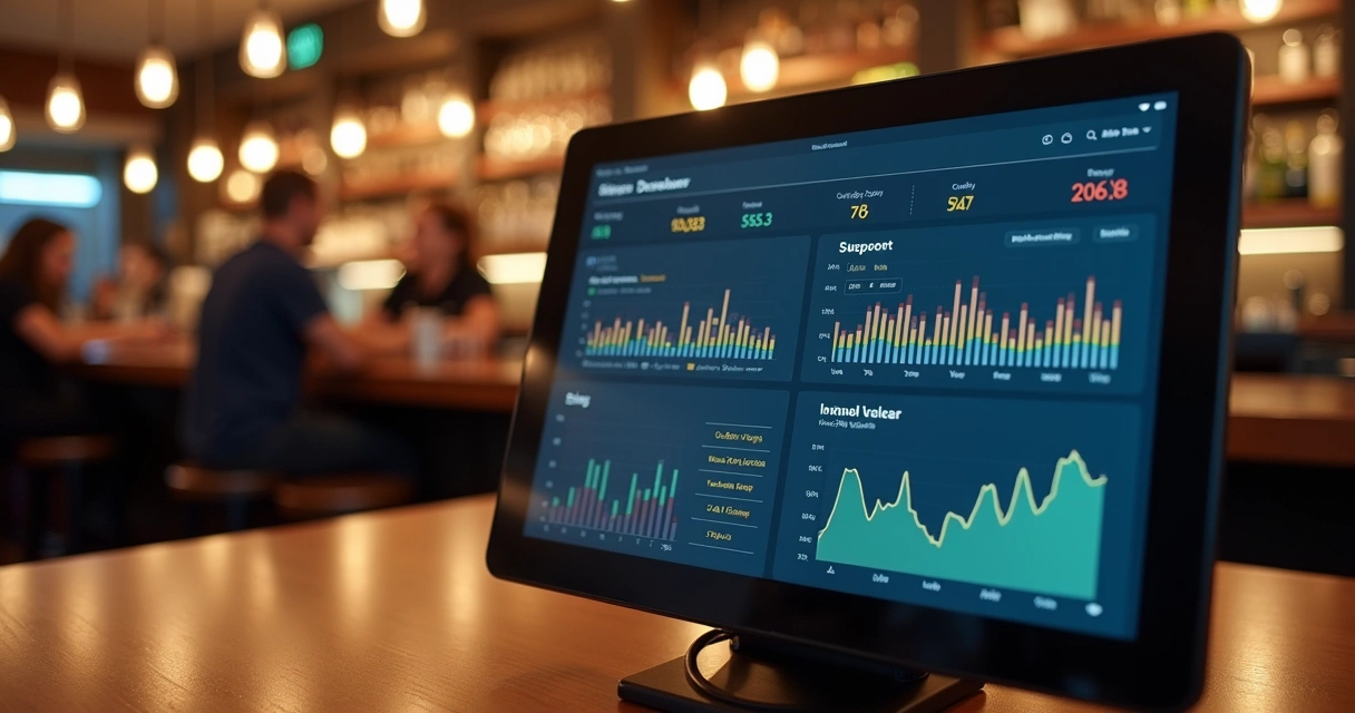 Painel digital mostrando relatórios de vendas em bar ou restaurante 