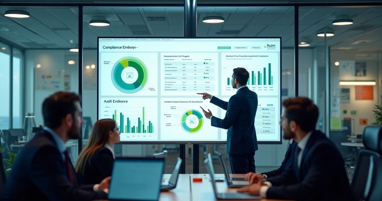 Painel digital exibindo relatórios de compliance 