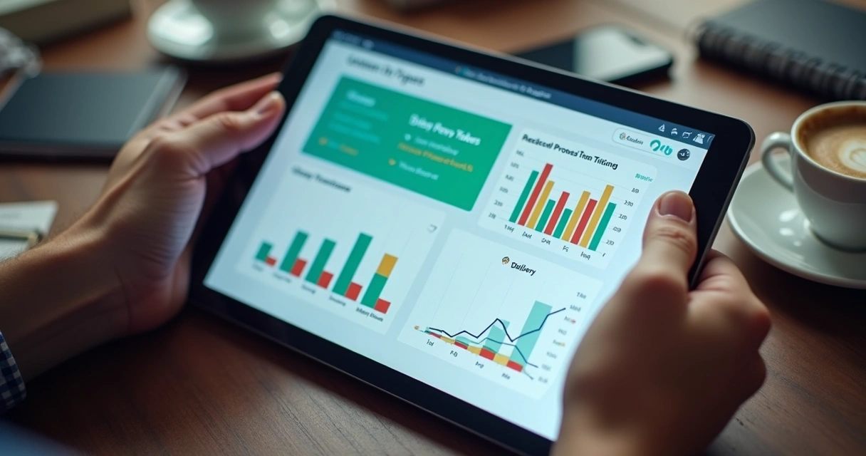 Painel de relatórios em tablet mostrando dados em tempo real de pedidos de delivery 