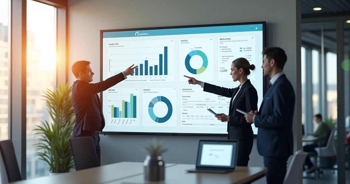 Dashboard financeiro mostrando relatórios em tempo real em ambiente corporativo 